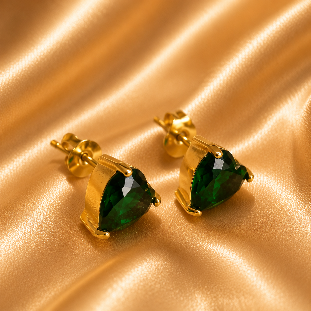 Emerald Heart Stud Earrings, 18K Gold Plated Steel
