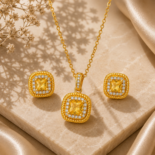 18K Gold Plated Square Pendant Necklace Set