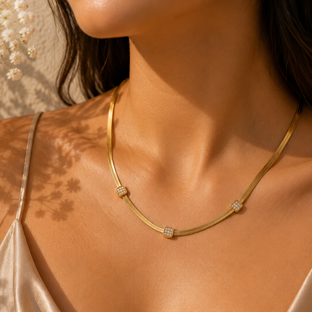 Crystal Accent Snake Chain Necklace, 18K Gold Plated Steel
