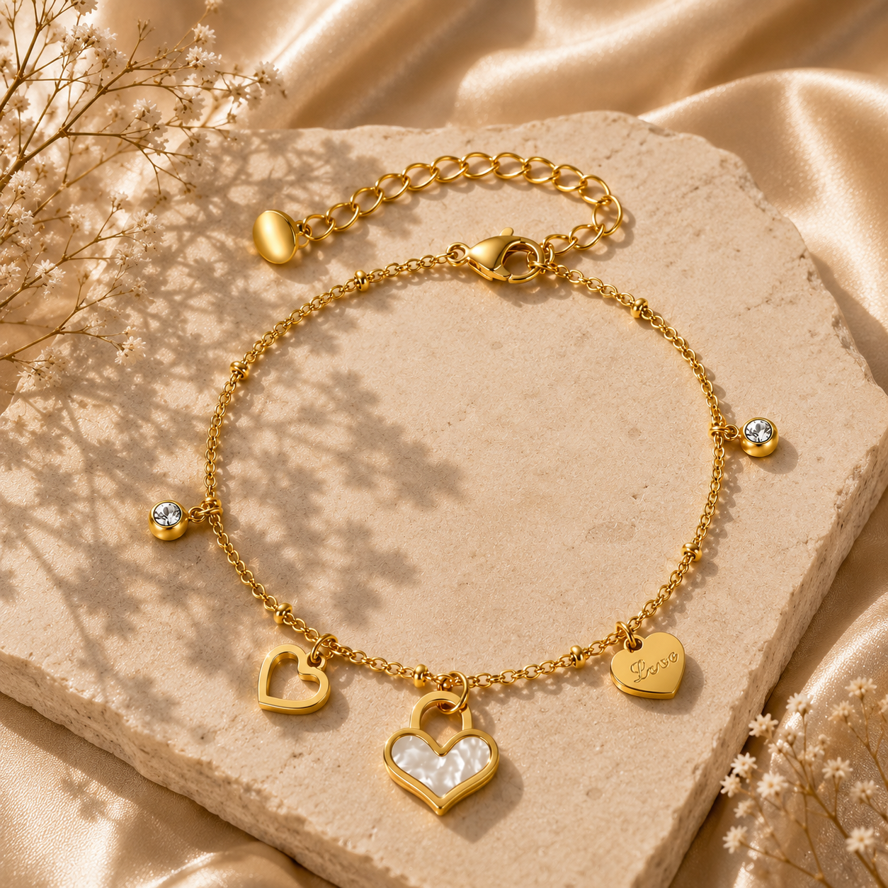 Hearts Charm Bracelet – 18K Gold Plated Stainless Steel