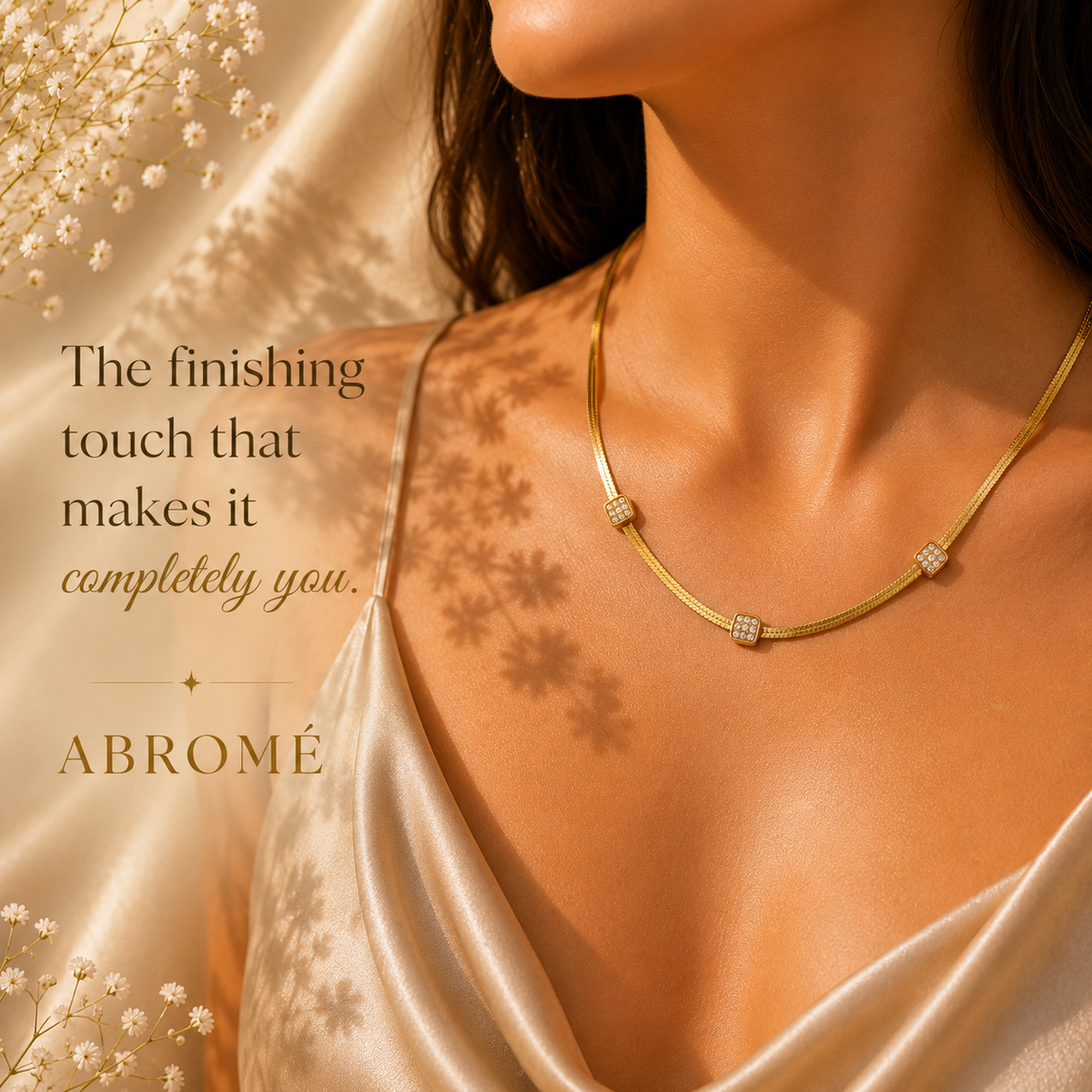 Crystal Accent Snake Chain Necklace, 18K Gold Plated Steel - A B R O M É