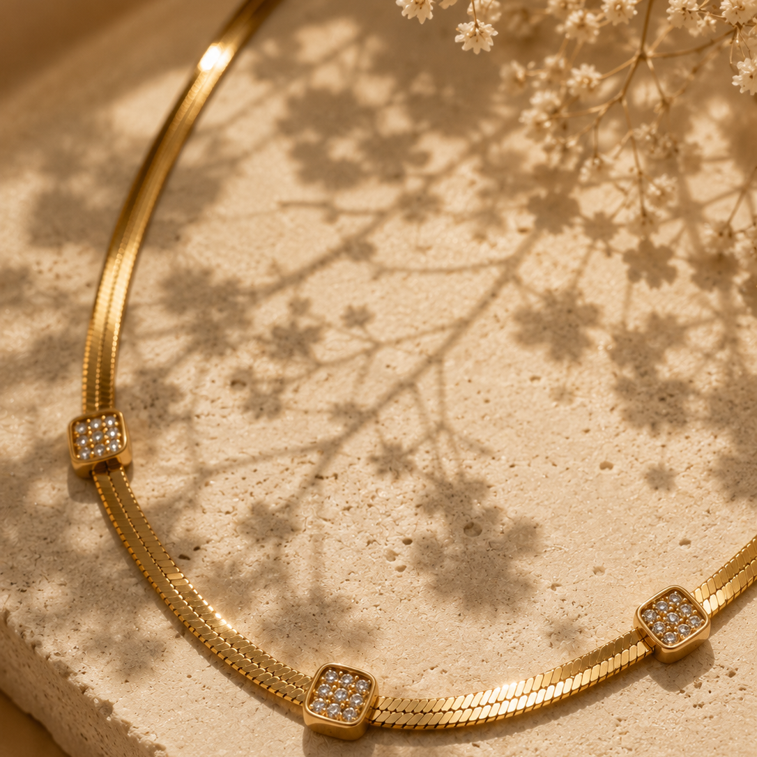 Crystal Accent Snake Chain Necklace, 18K Gold Plated Steel