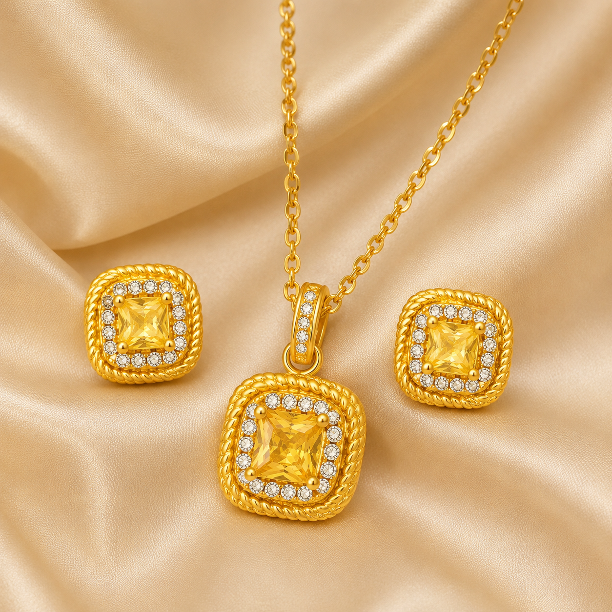 18K Gold Plated Square Pendant Necklace Set
