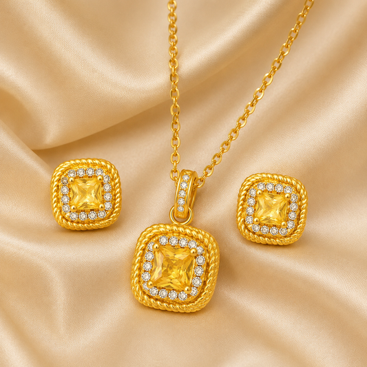 18K Gold Plated Square Pendant Necklace Set