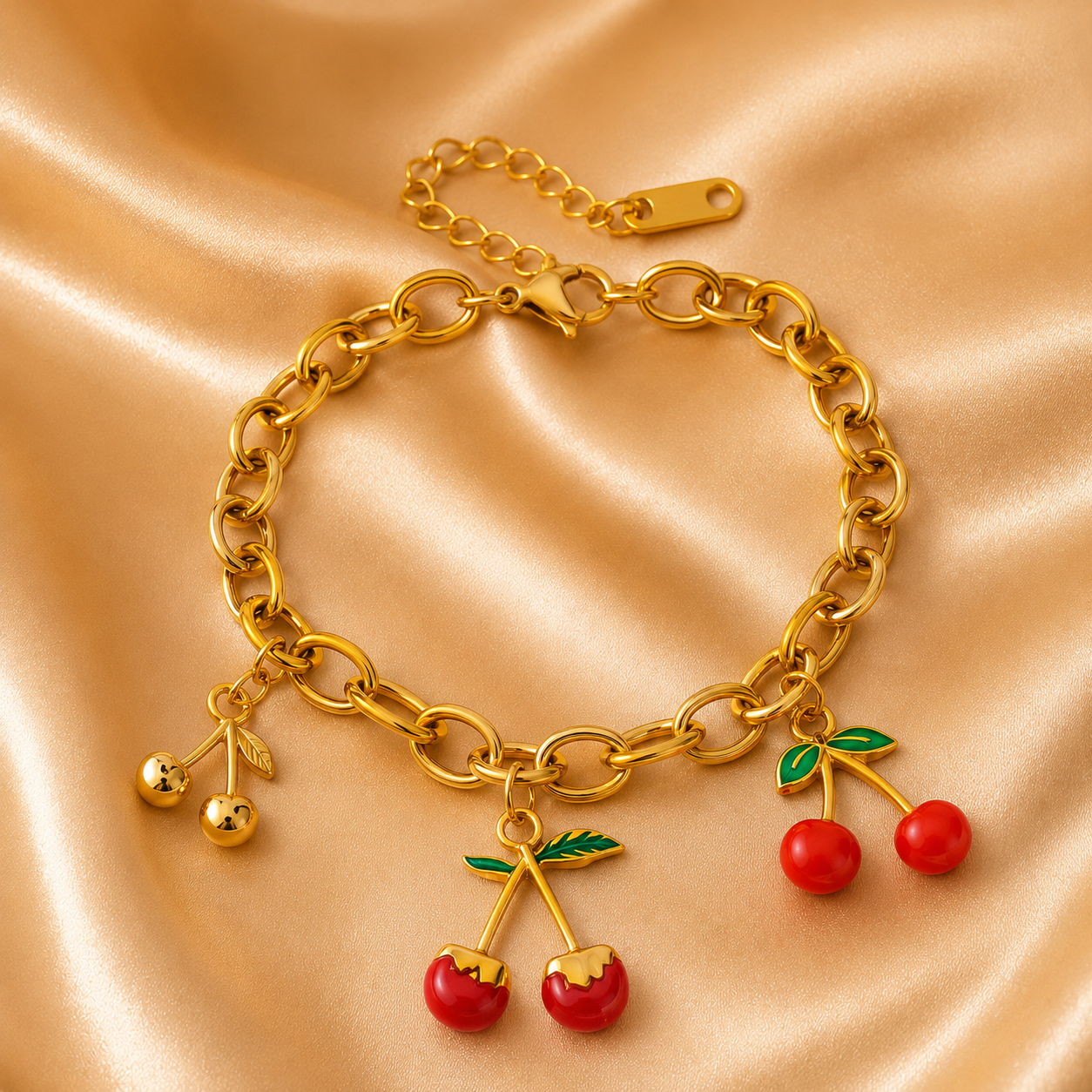 Cherry Charm Bracelet – 18K Gold Plated Stainless Steel