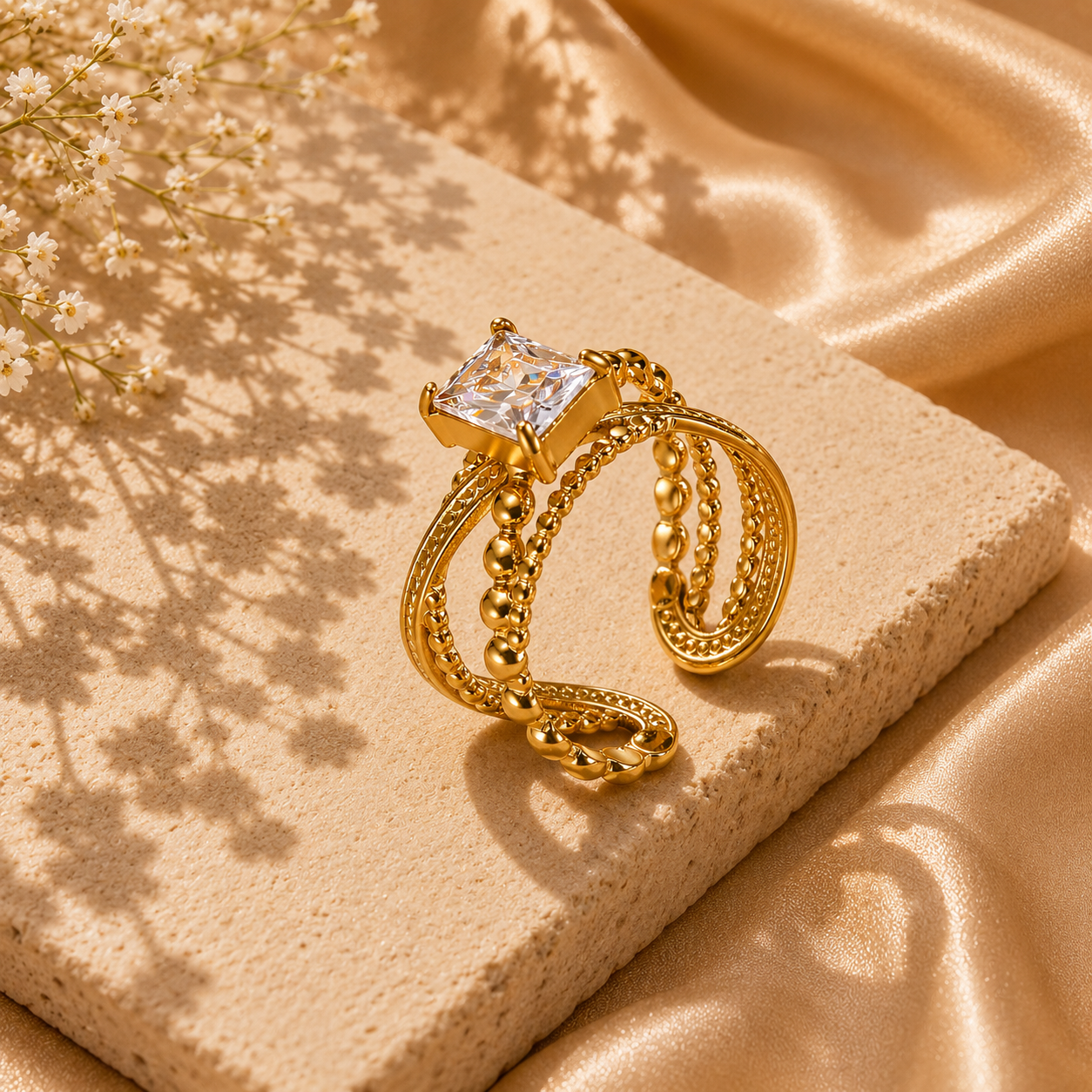 Adjustable Cubic Zirconia Ring – 18K Gold Plated