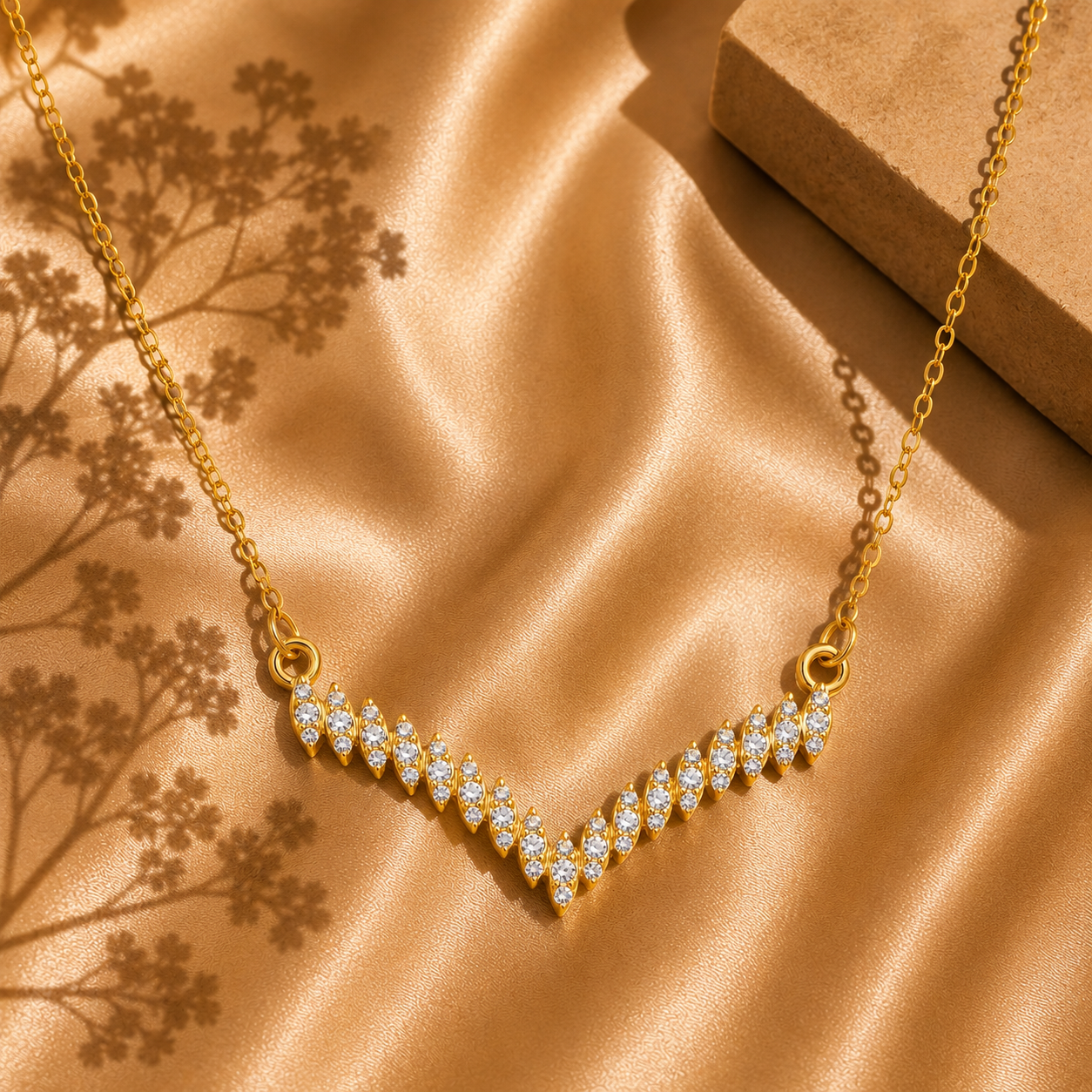 V-Shape Crystal Necklace, 18K Gold Plated Steel