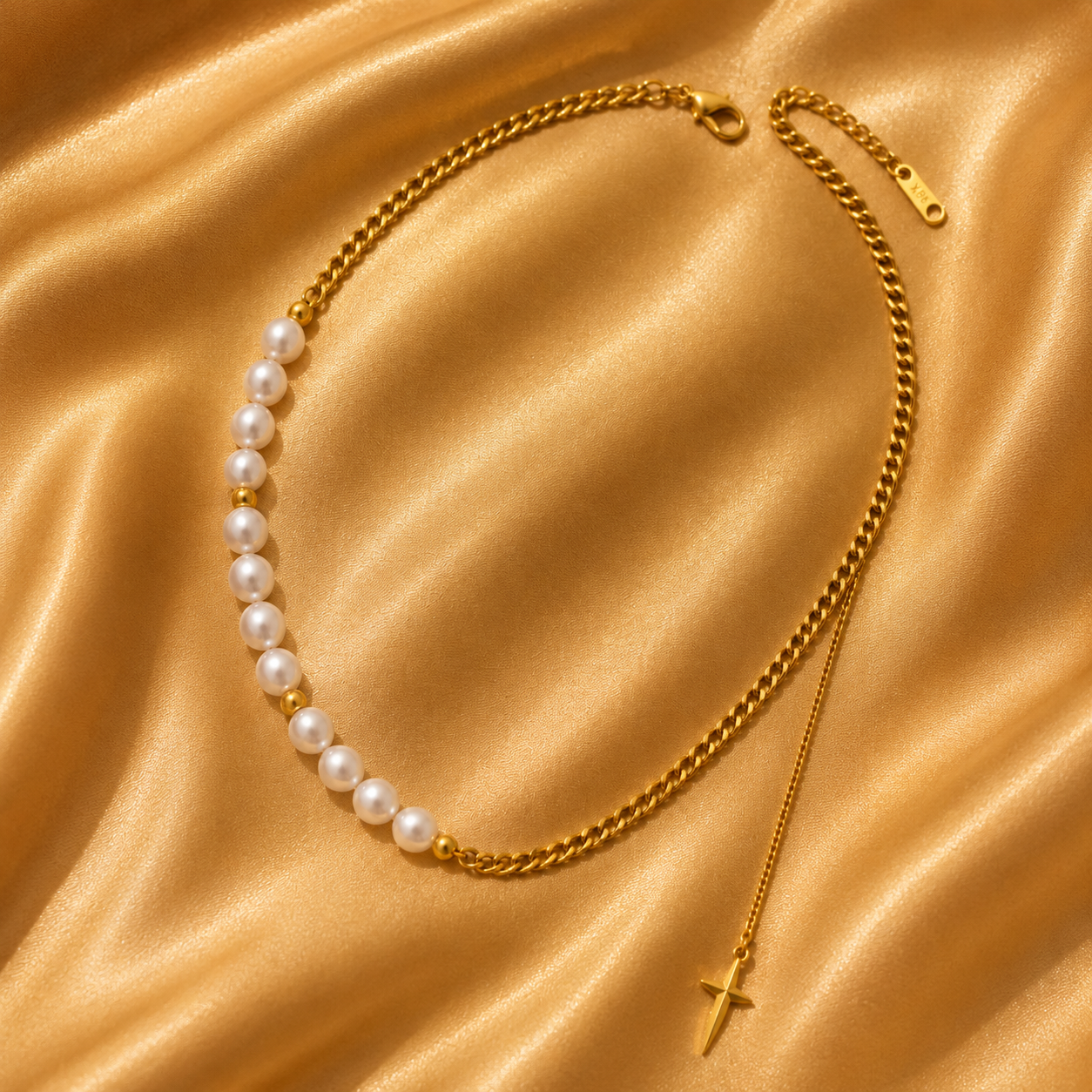 Pearl Cross Necklace – 18K Gold Plated Steel