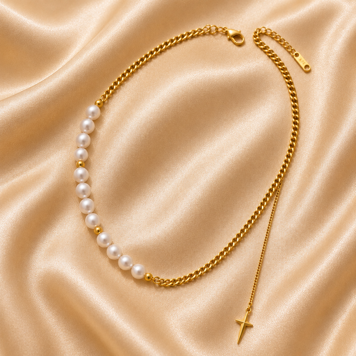 Pearl Cross Necklace – 18K Gold Plated Steel - A B R O M É