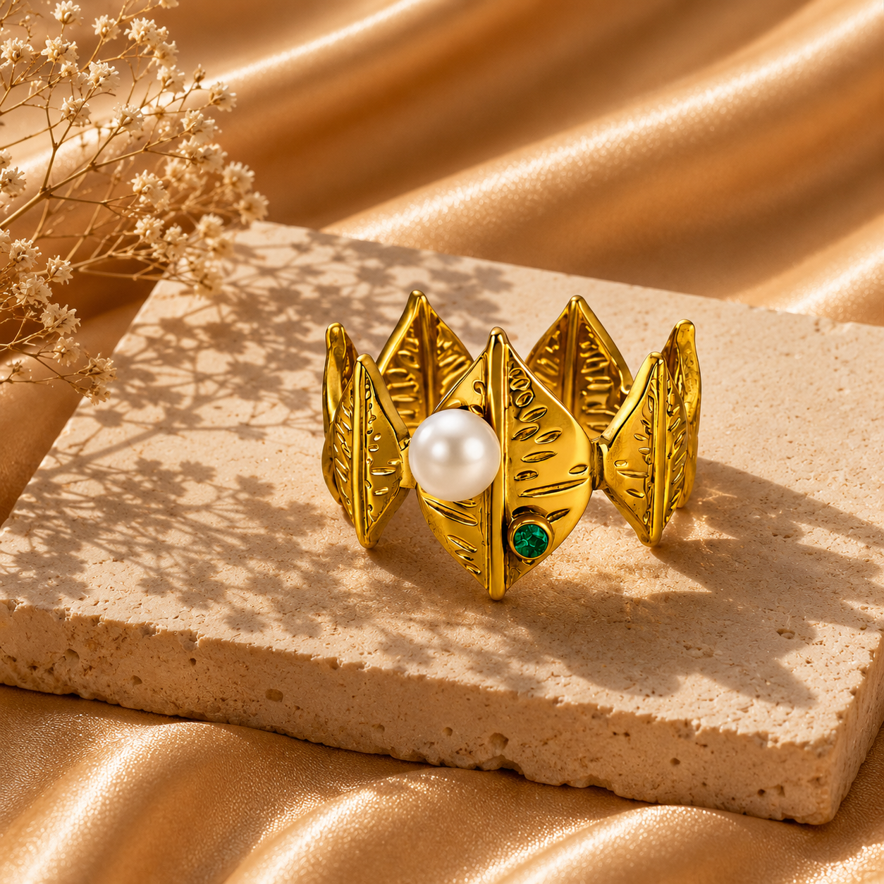 Pearl Leaf Adjustable Ring – 18K Gold Plated Stainless Steel