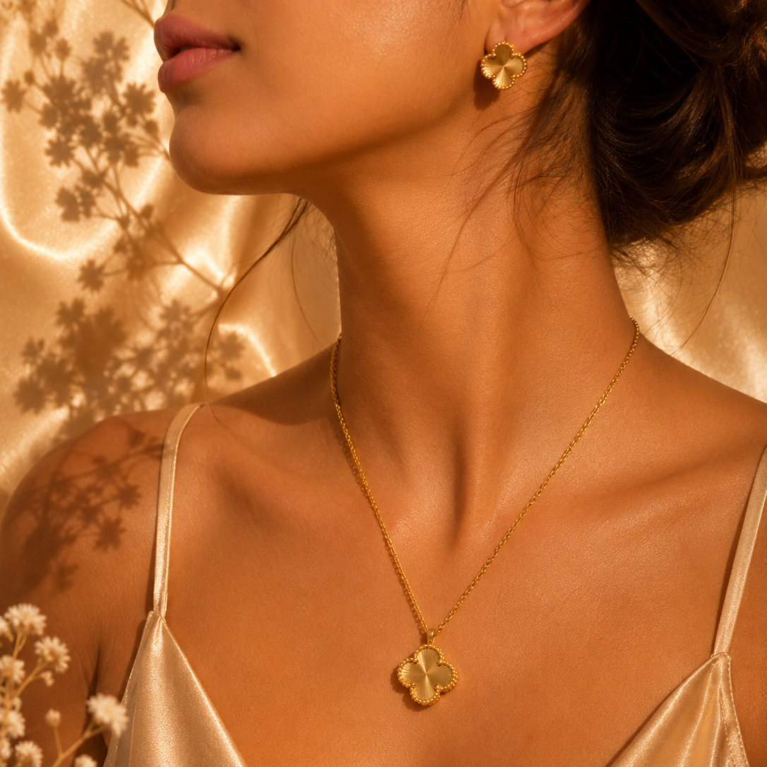 Minimalist Clover Necklace Set, 18K Gold Plated Steel