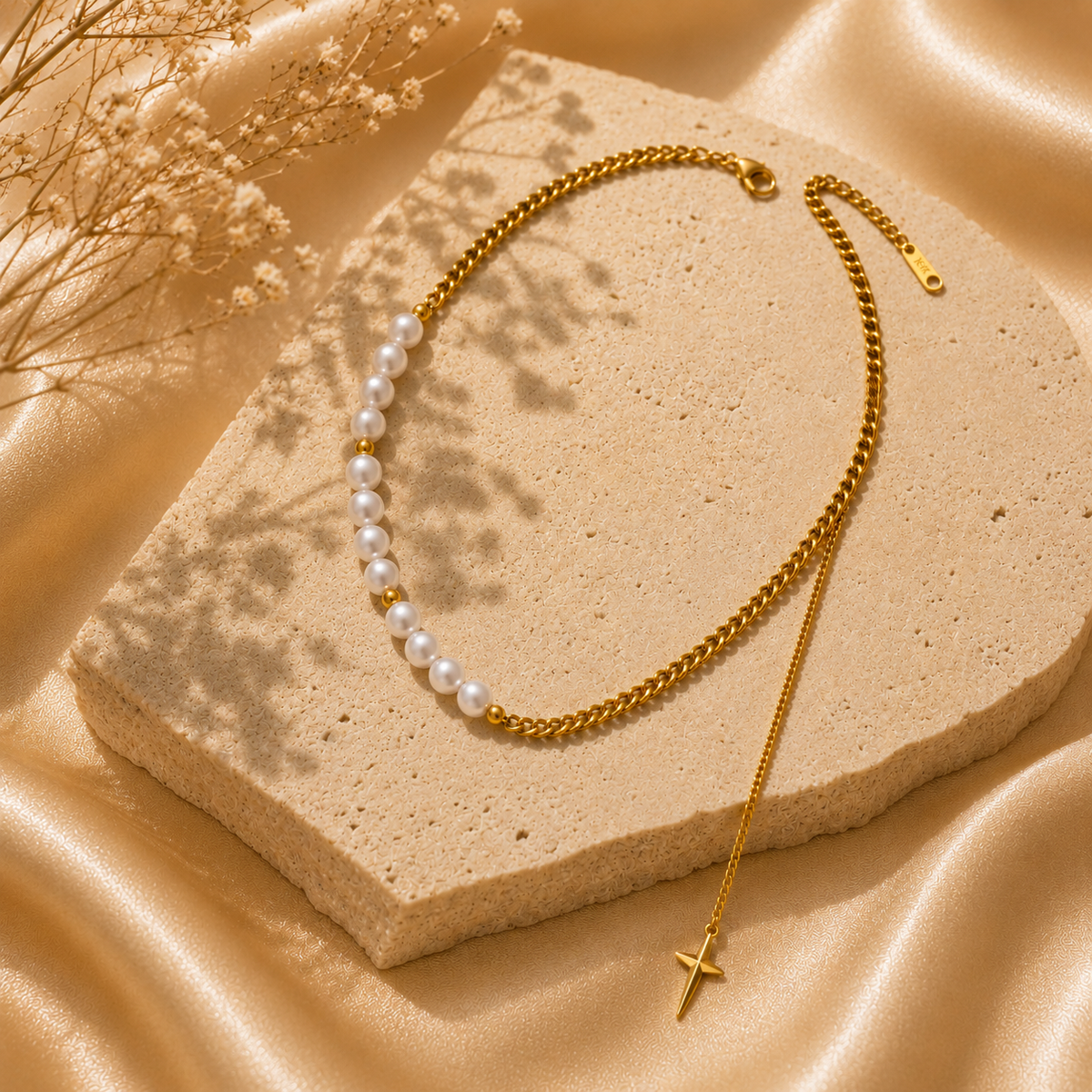 Pearl Cross Necklace – 18K Gold Plated Steel - A B R O M É
