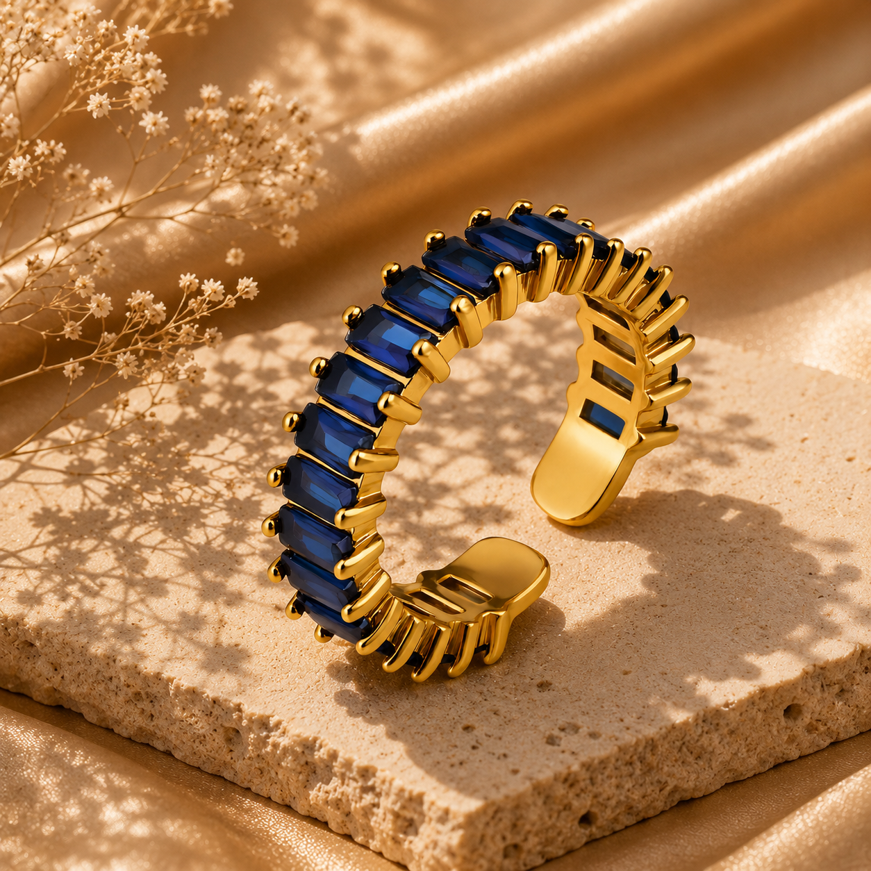 Adjustable Cubic Zirconia Ring, 18K Gold Plated Steel