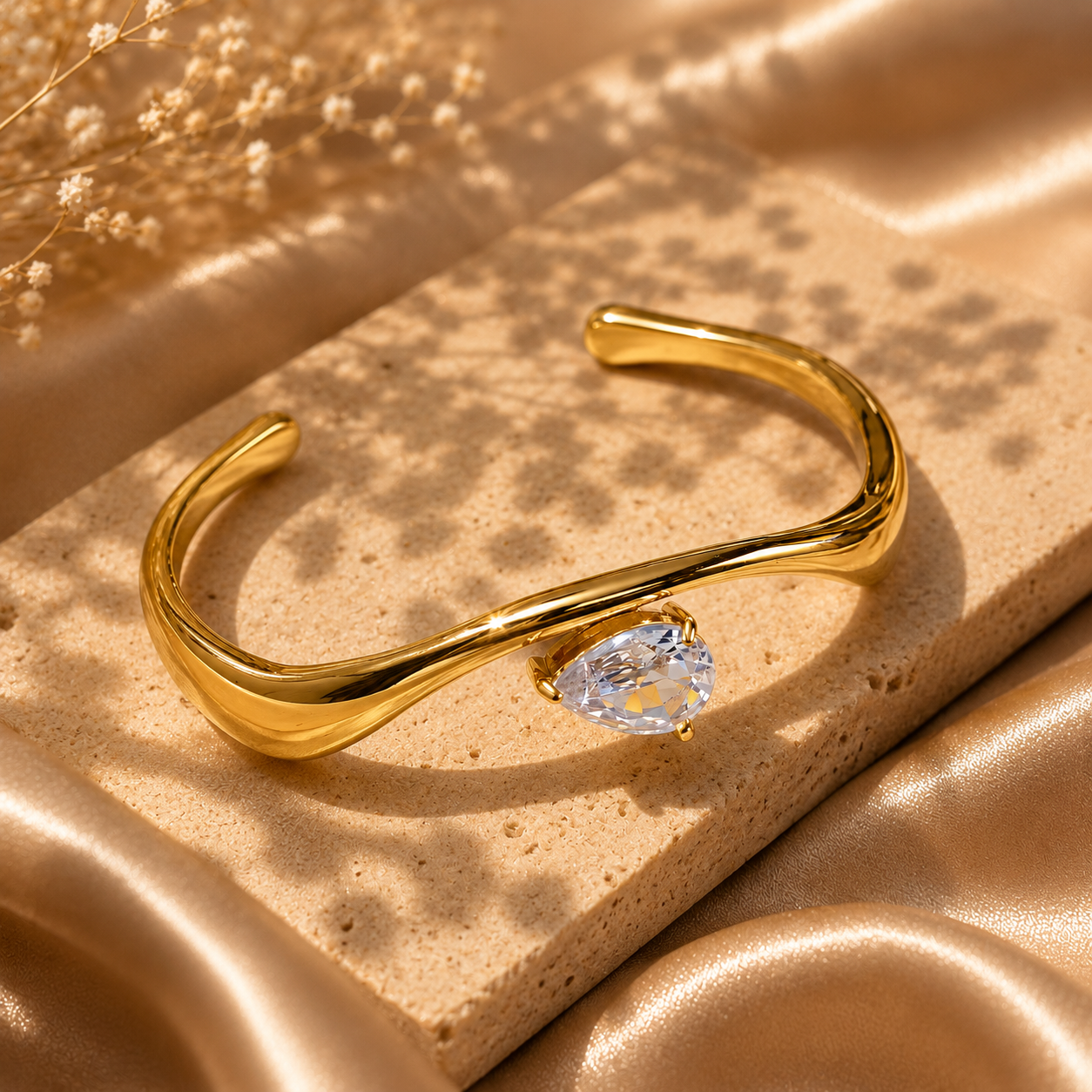 Aurora Solitaire Cuff Bracelet, 18K Gold Plated Steel
