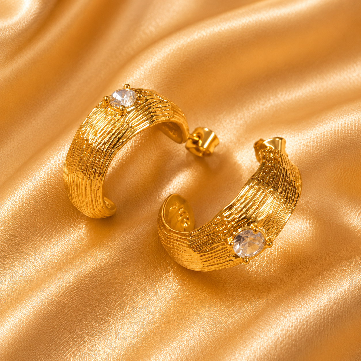 Aurora Textured Crystal Hoop Earrings, 18K Gold Plated Steel