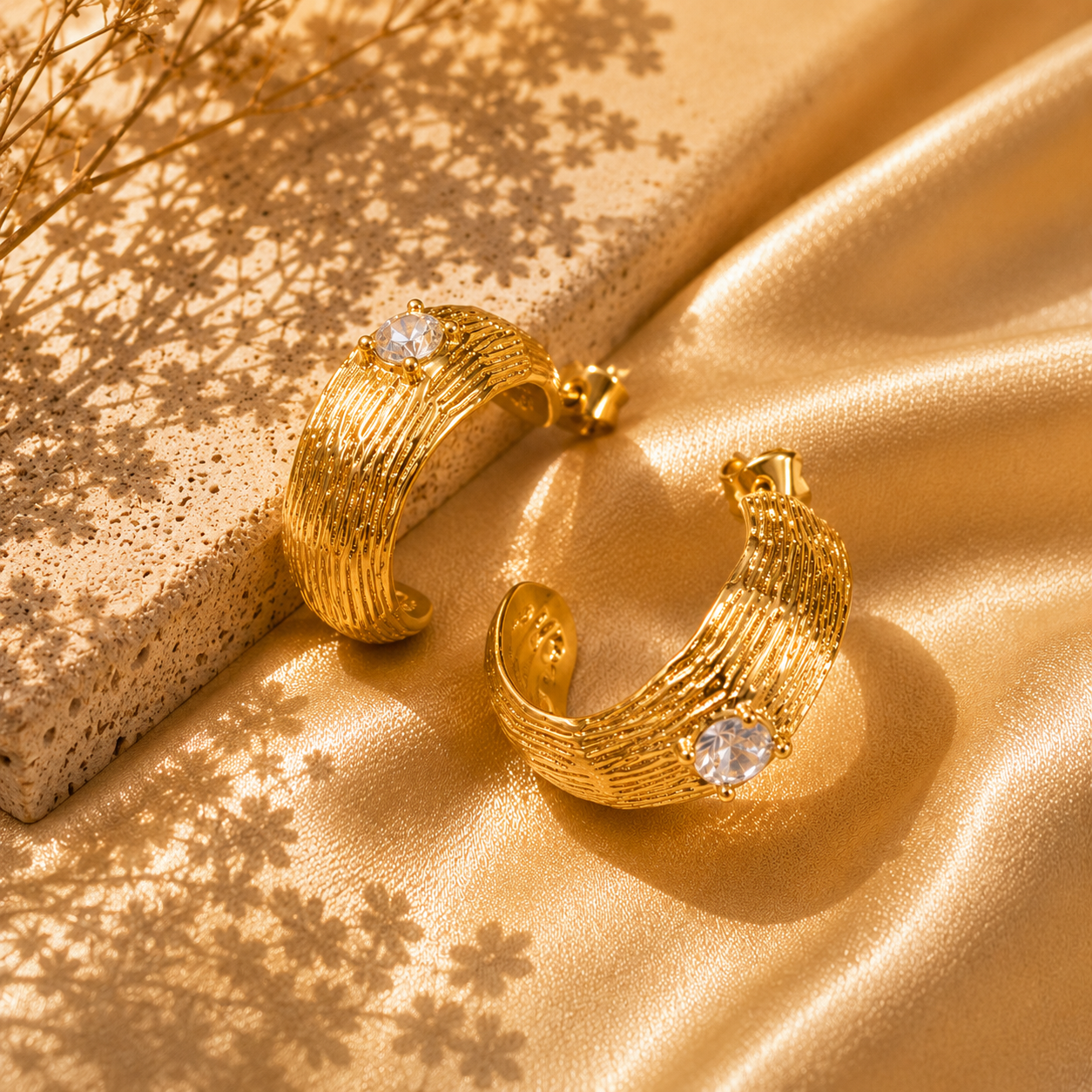 Aurora Textured Crystal Hoop Earrings, 18K Gold Plated Steel