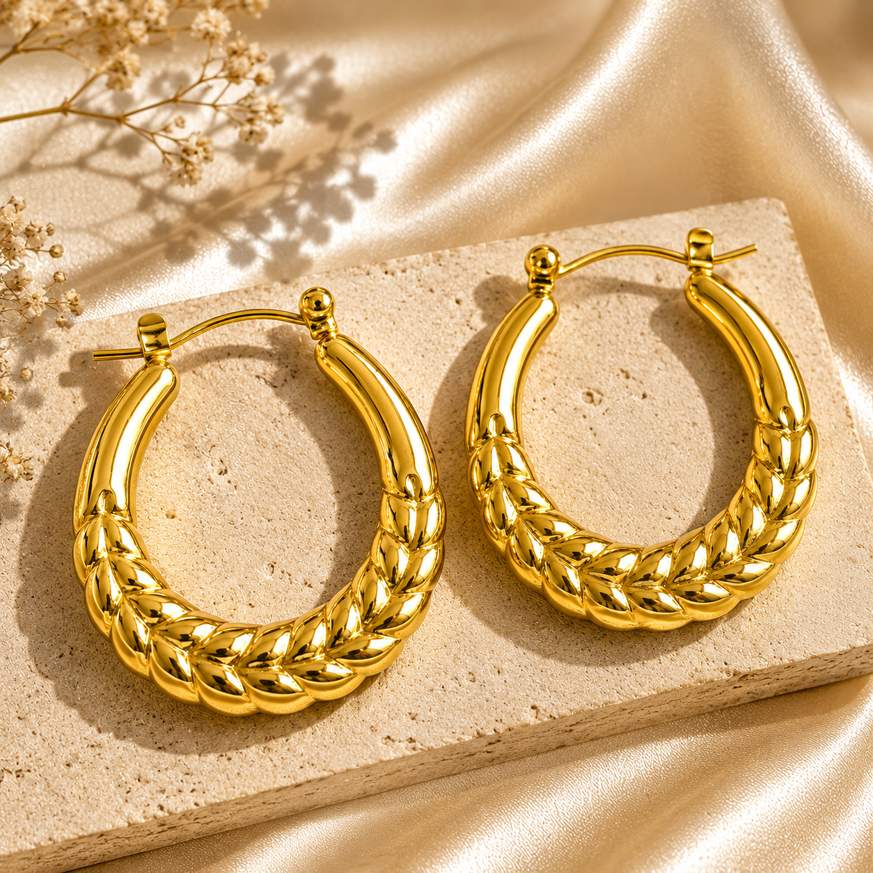 Braided Hoop Earrings, 18K Gold Plated Steel