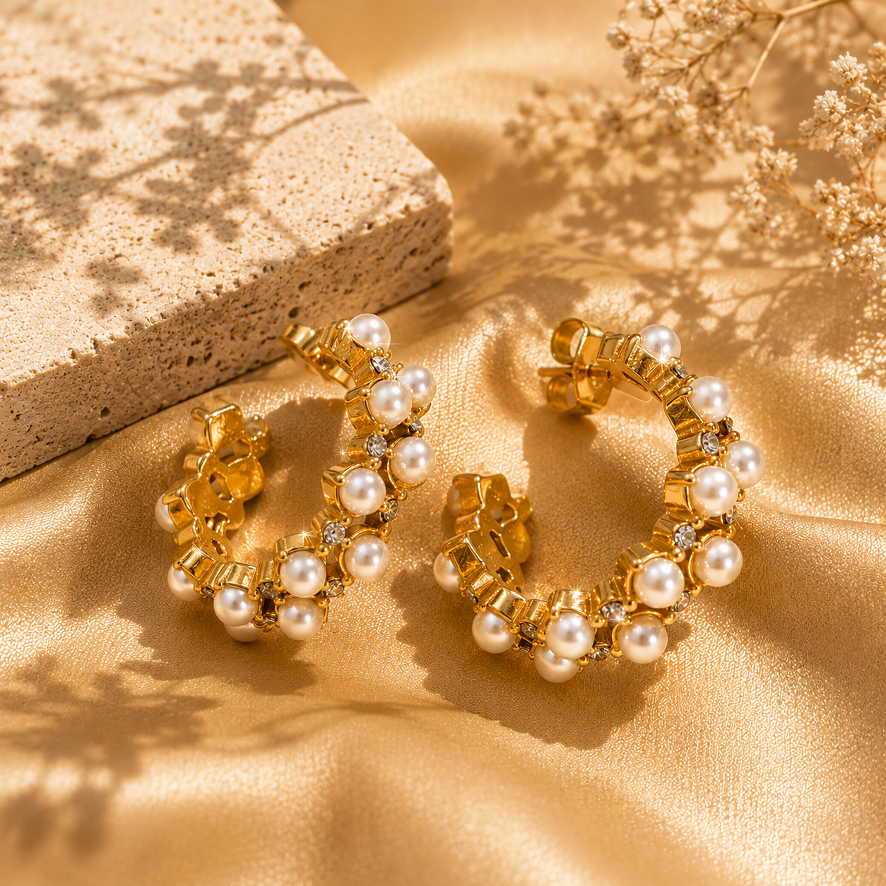 Celeste Pearl Hoop Earrings, 18K Gold Plated Steel