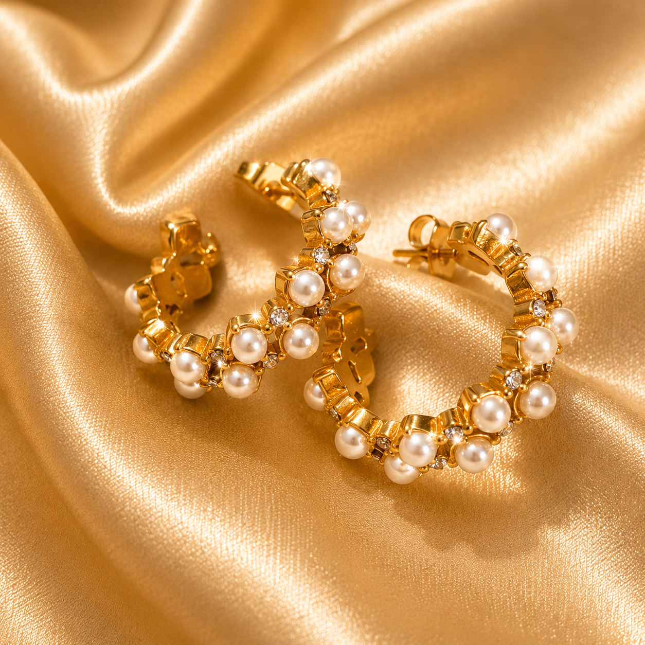 Celeste Pearl Hoop Earrings, 18K Gold Plated Steel