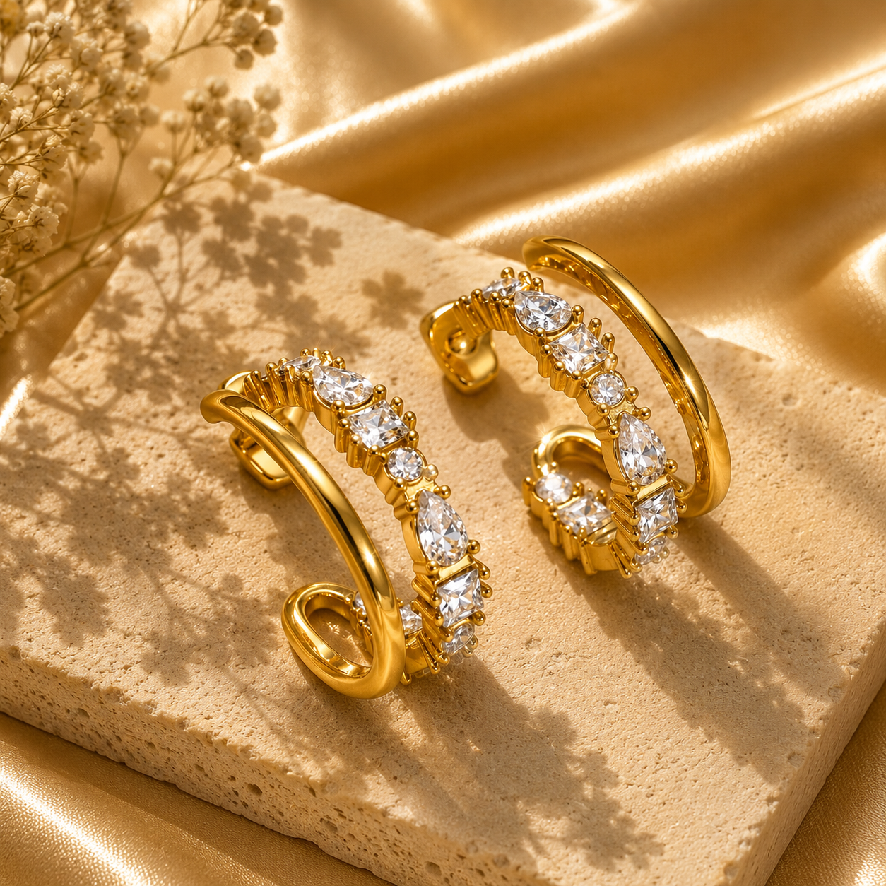 Celeste Radiance Hoop Earrings, 18K Gold Plated Steel