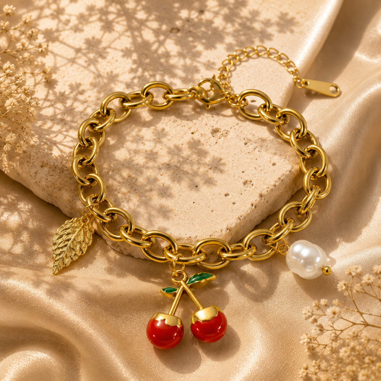 Cherry Charm Bracelet – 18K Gold Plated Stainless Steel