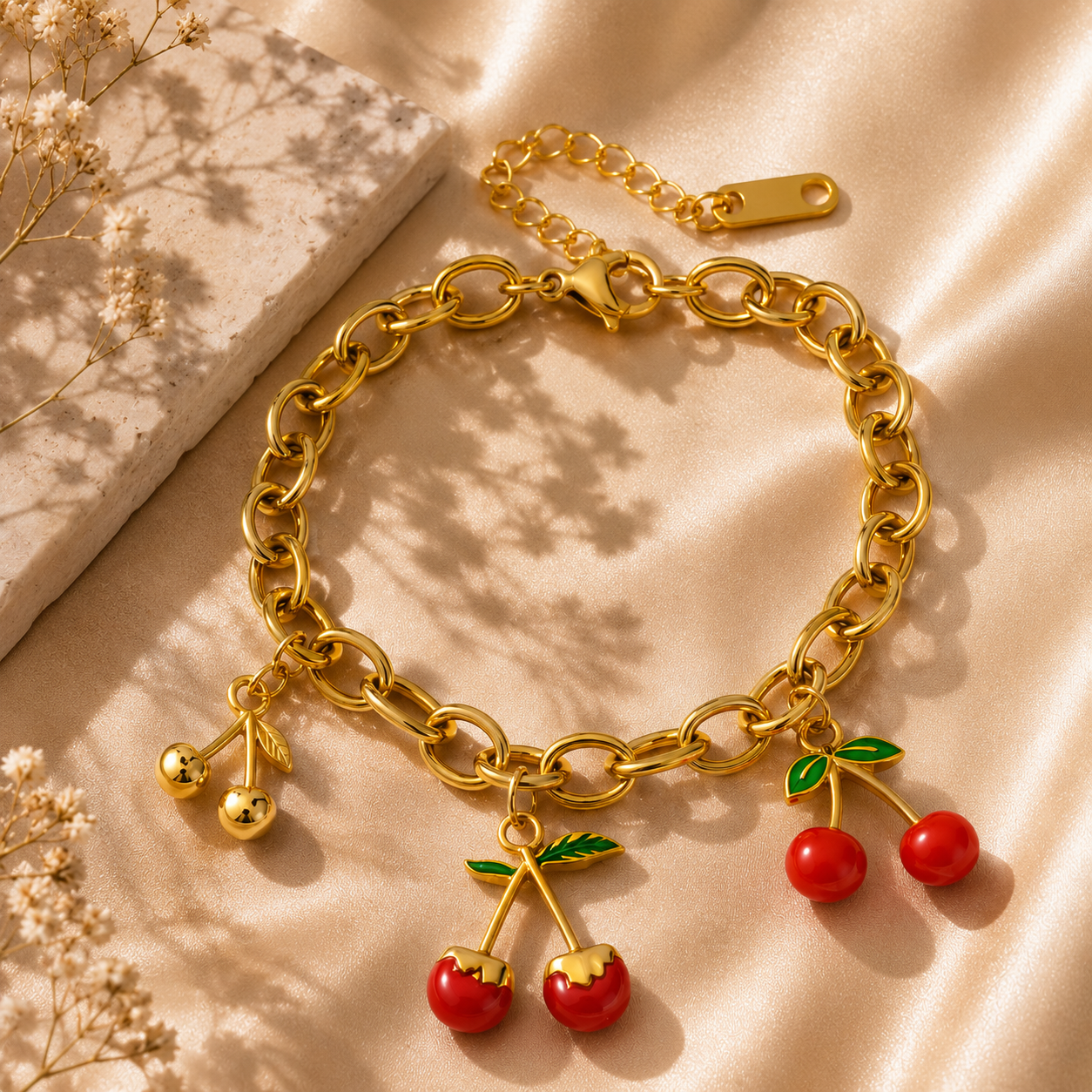 Cherry Charm Bracelet – 18K Gold Plated Stainless Steel