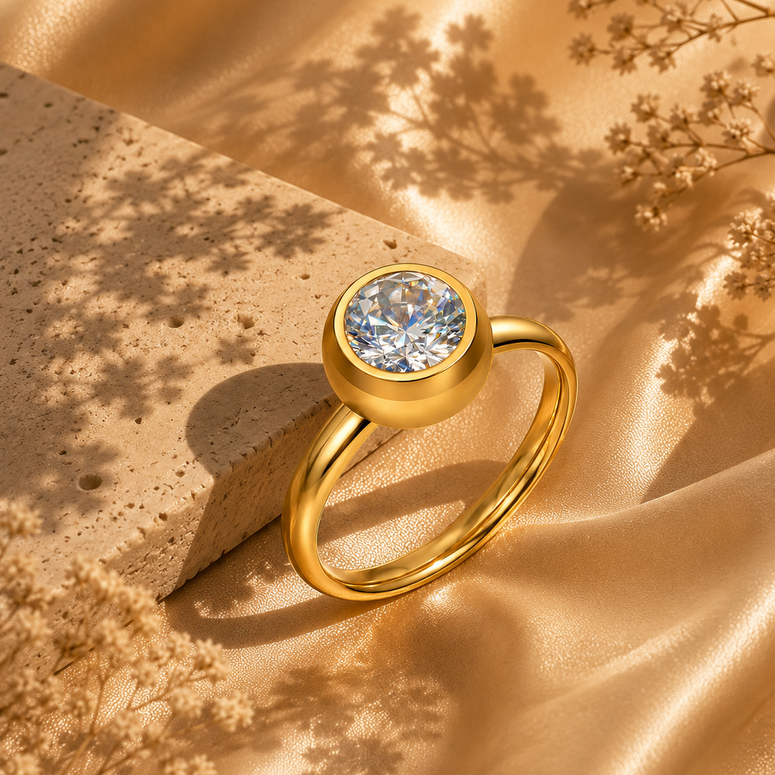 Classic Solitaire Cubic Zirconia Ring – 18K Gold Plated Stainless Steel