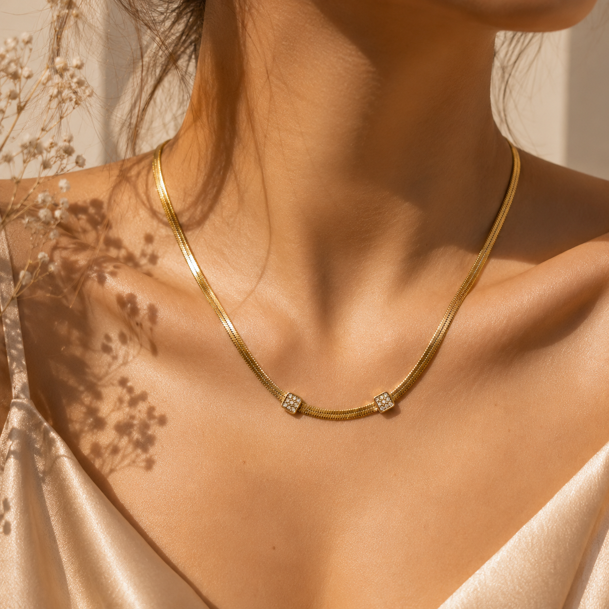 Crystal Accent Snake Chain Necklace, 18K Gold Plated Steel