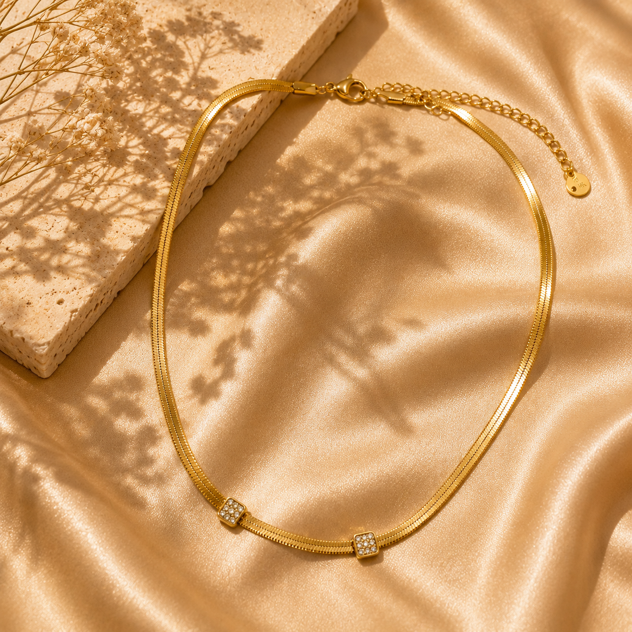 Crystal Accent Snake Chain Necklace, 18K Gold Plated Steel