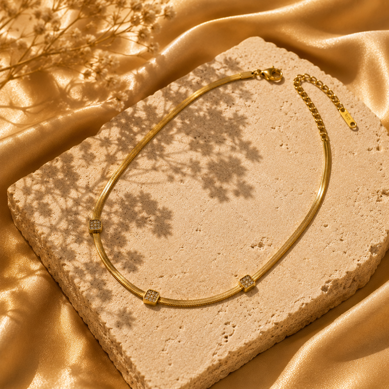 Crystal Accent Snake Chain Necklace, 18K Gold Plated Steel