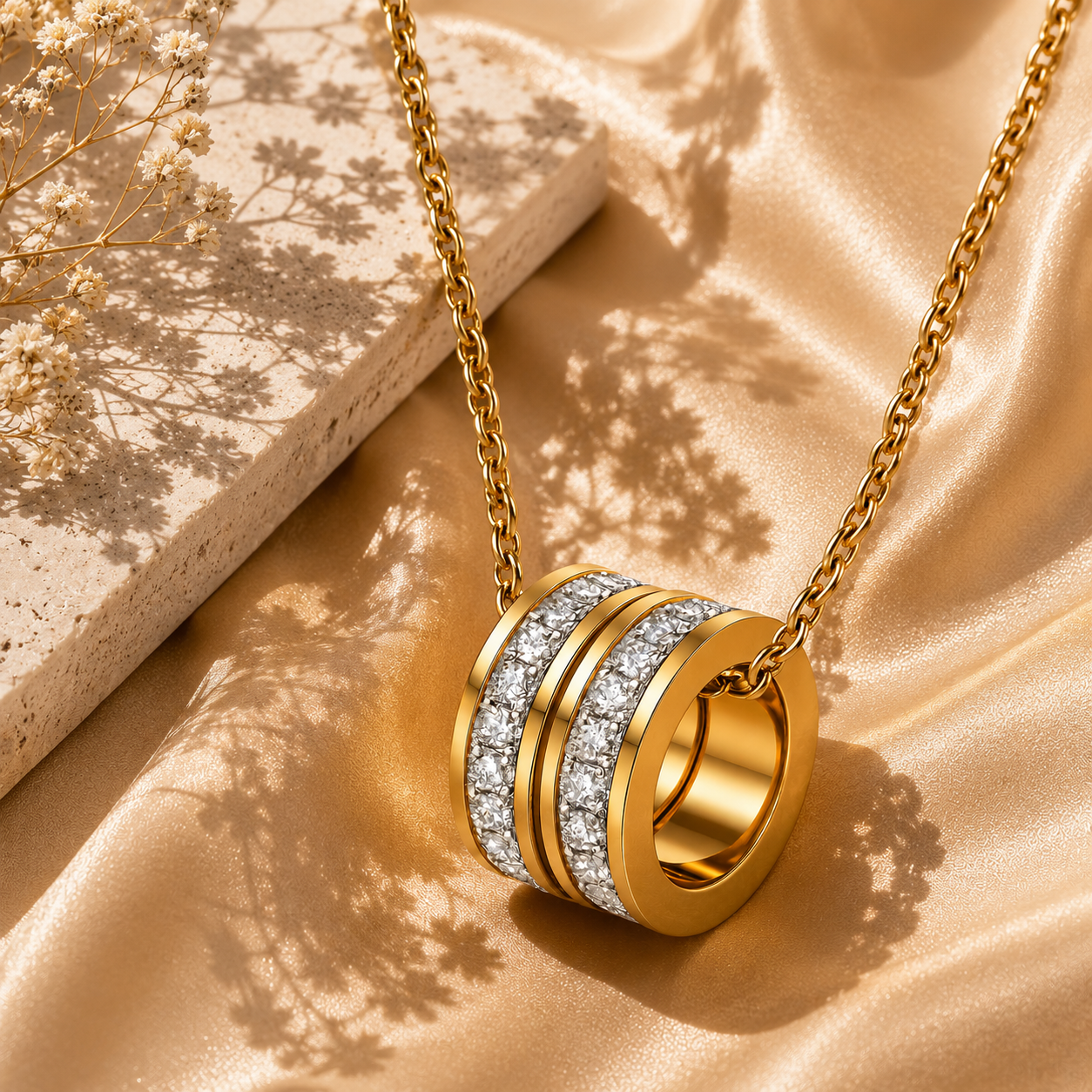 Crystal Barrel Pendant Necklace – 18K Gold Plated Stainless Steel