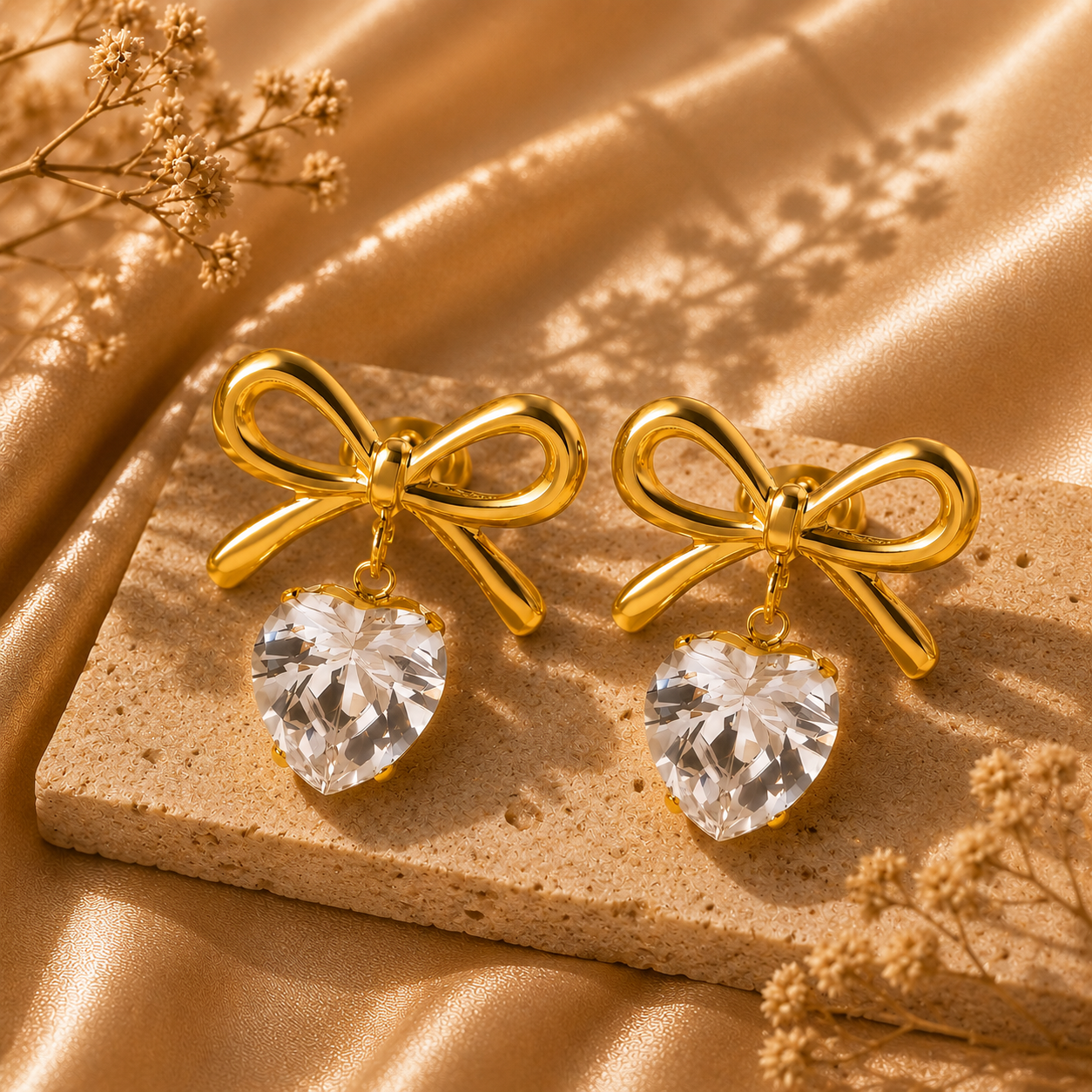 Crystal Heart Bow Drop Earrings – 18K Gold Plated Stainless Steel