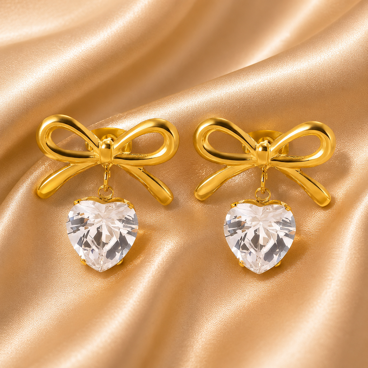 Crystal Heart Bow Drop Earrings – 18K Gold Plated Stainless Steel