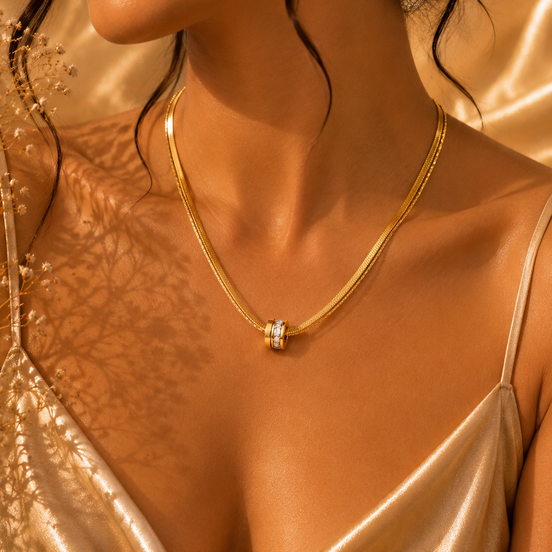 Crystal Ring Pendant Necklace – 18K Gold Plated Stainless Steel