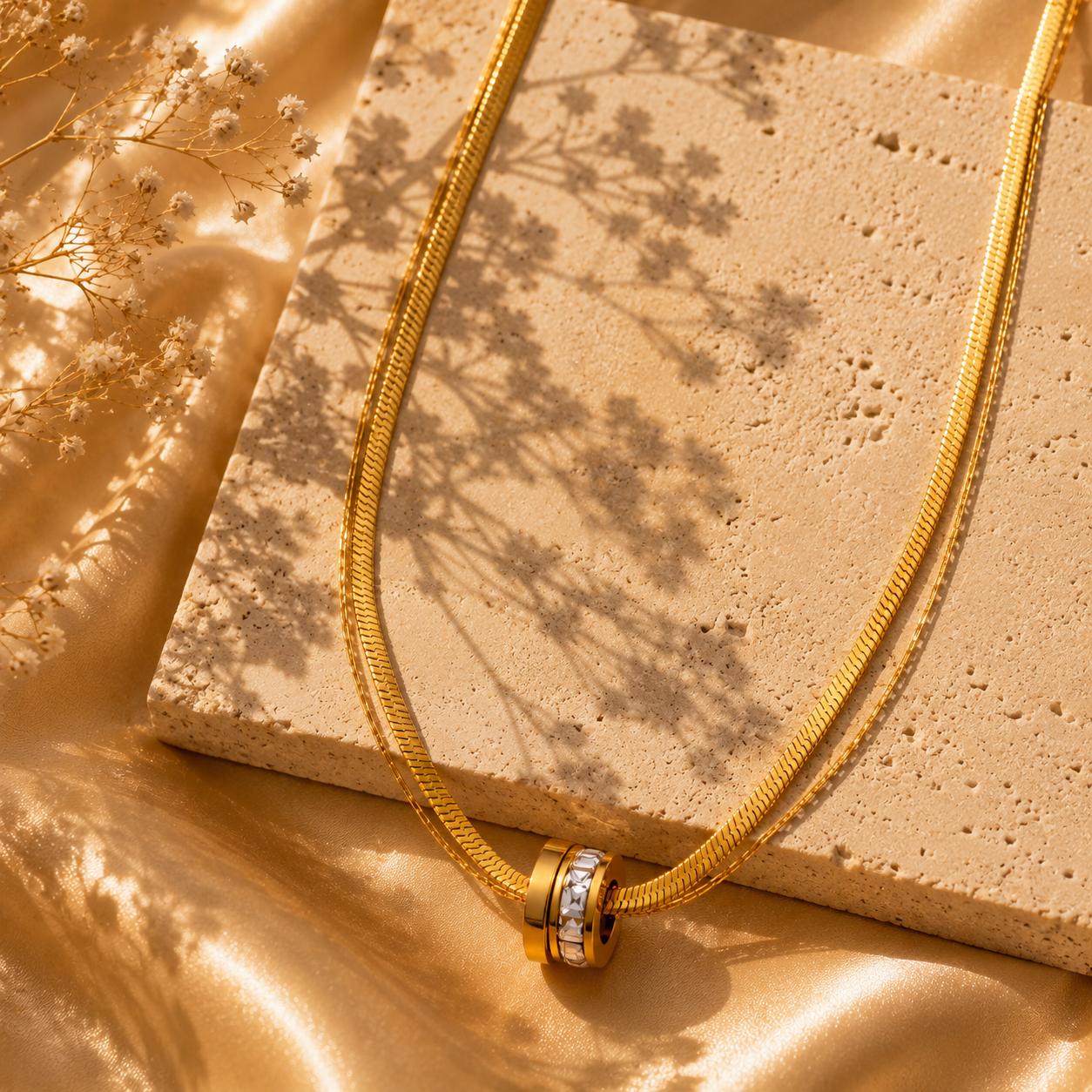 Crystal Ring Pendant Necklace – 18K Gold Plated Stainless Steel