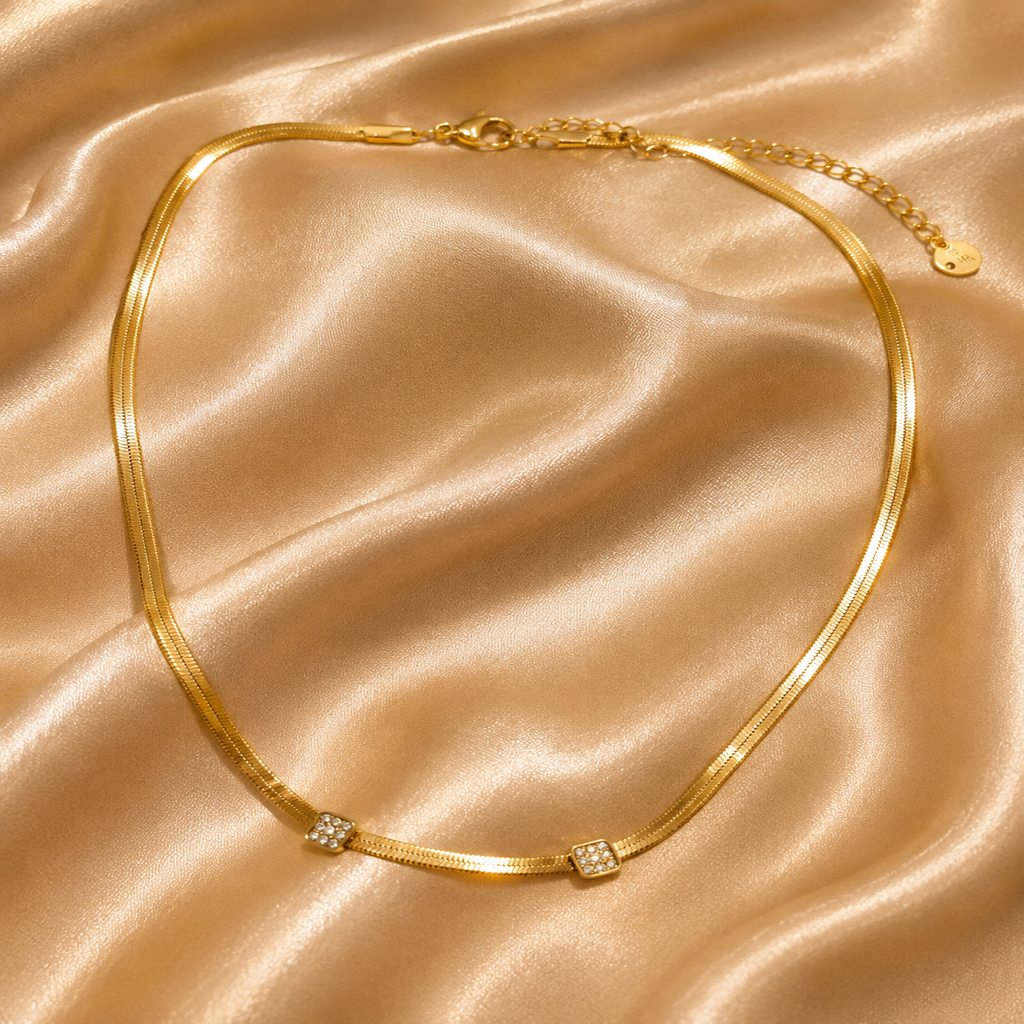 Crystal Accent Snake Chain Necklace, 18K Gold Plated Steel
