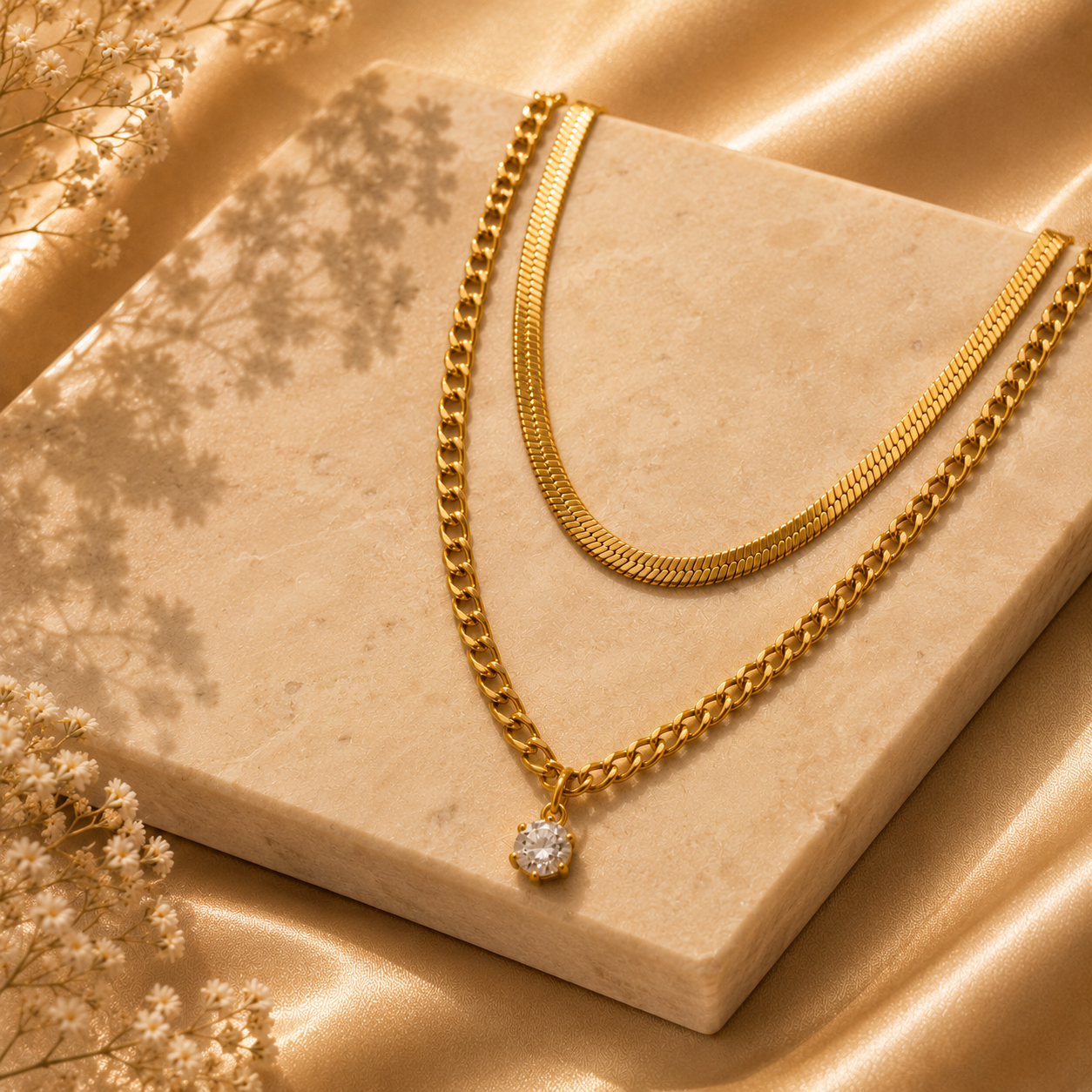 Double Layer Solitaire Necklace – 18K Gold Plated