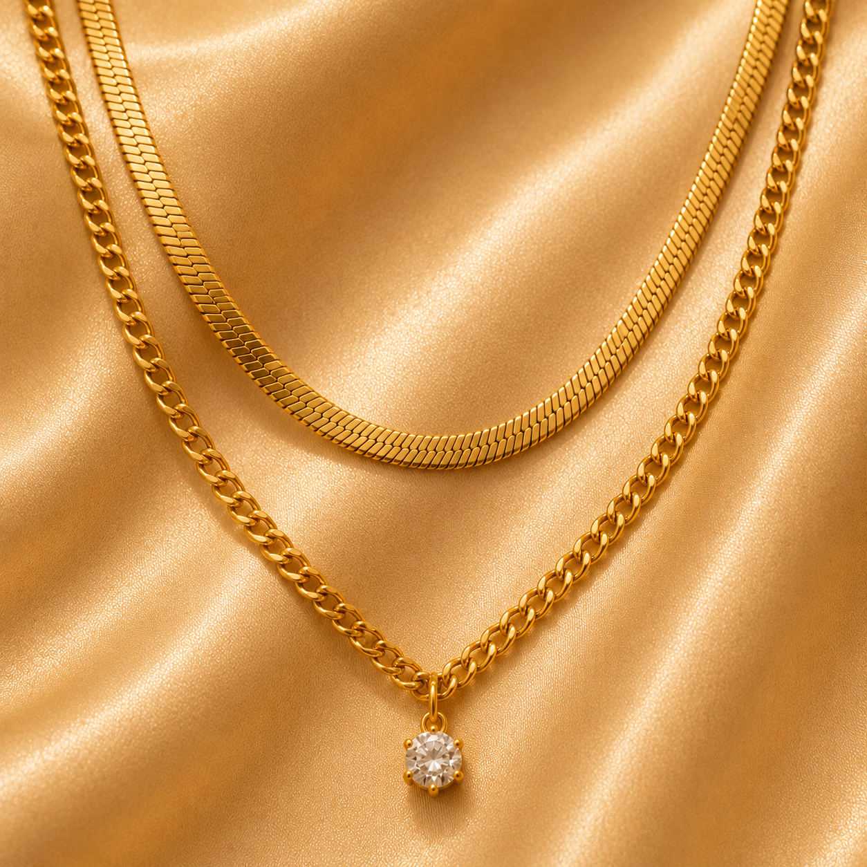 Double Layer Solitaire Necklace – 18K Gold Plated