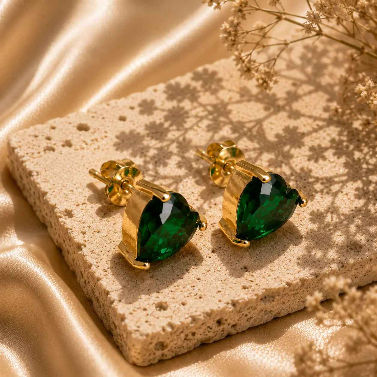 Emerald Heart Stud Earrings, 18K Gold Plated Stainless Steel