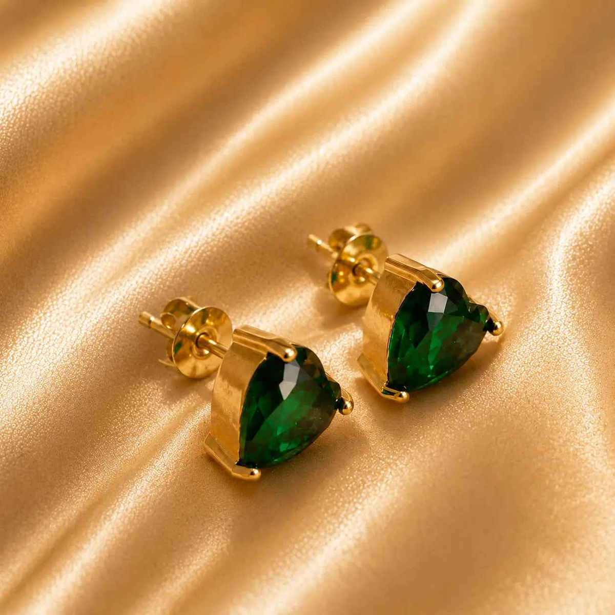Emerald Heart Stud Earrings, 18K Gold Plated Stainless Steel