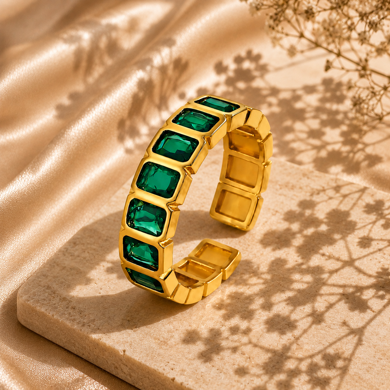 Green Gemstone Adjustable Ring – 18K Gold Plated Stainless Steel