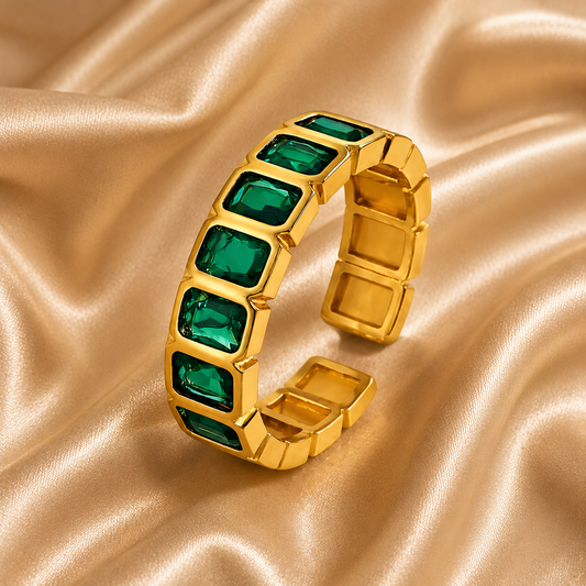 Green Gemstone Adjustable Ring – 18K Gold Plated Stainless Steel