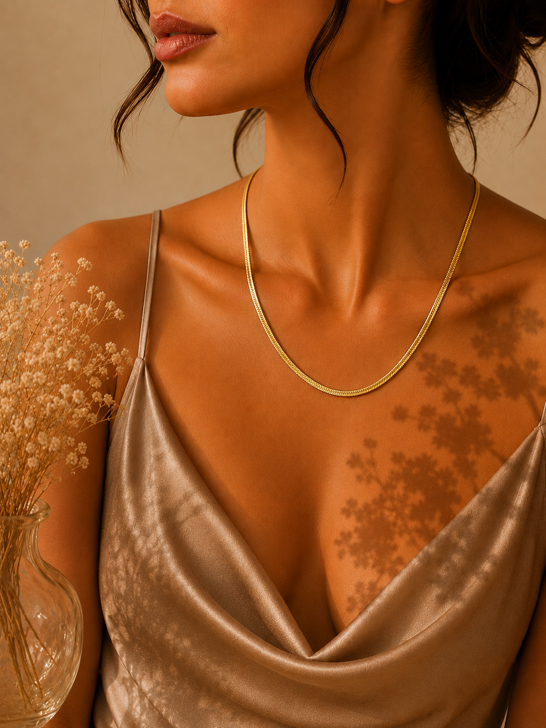 Herringbone Chain Necklace, 18K Gold Plated Steel