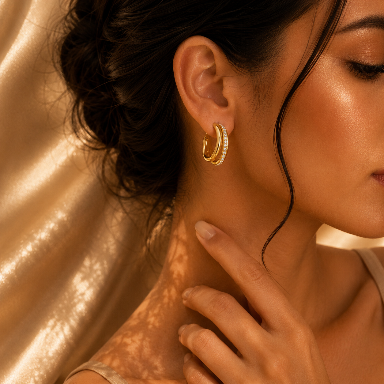 Luna Double Crystal Hoop Earrings, 18K Gold Plated Steel