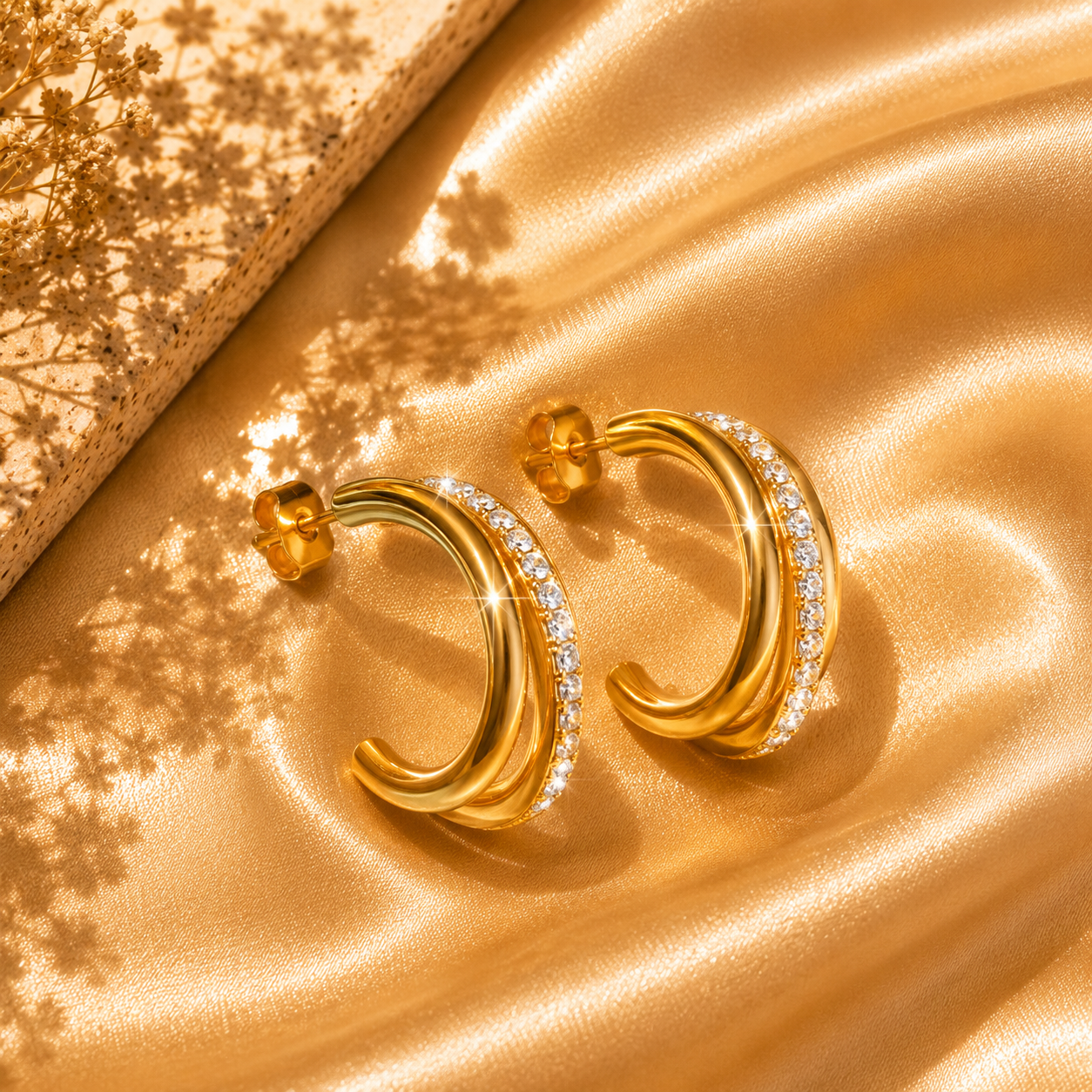 Luna Double Crystal Hoop Earrings, 18K Gold Plated Steel