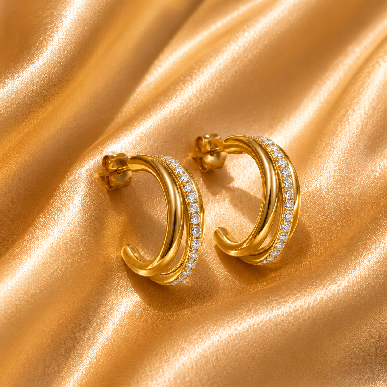Luna Double Crystal Hoop Earrings, 18K Gold Plated Steel