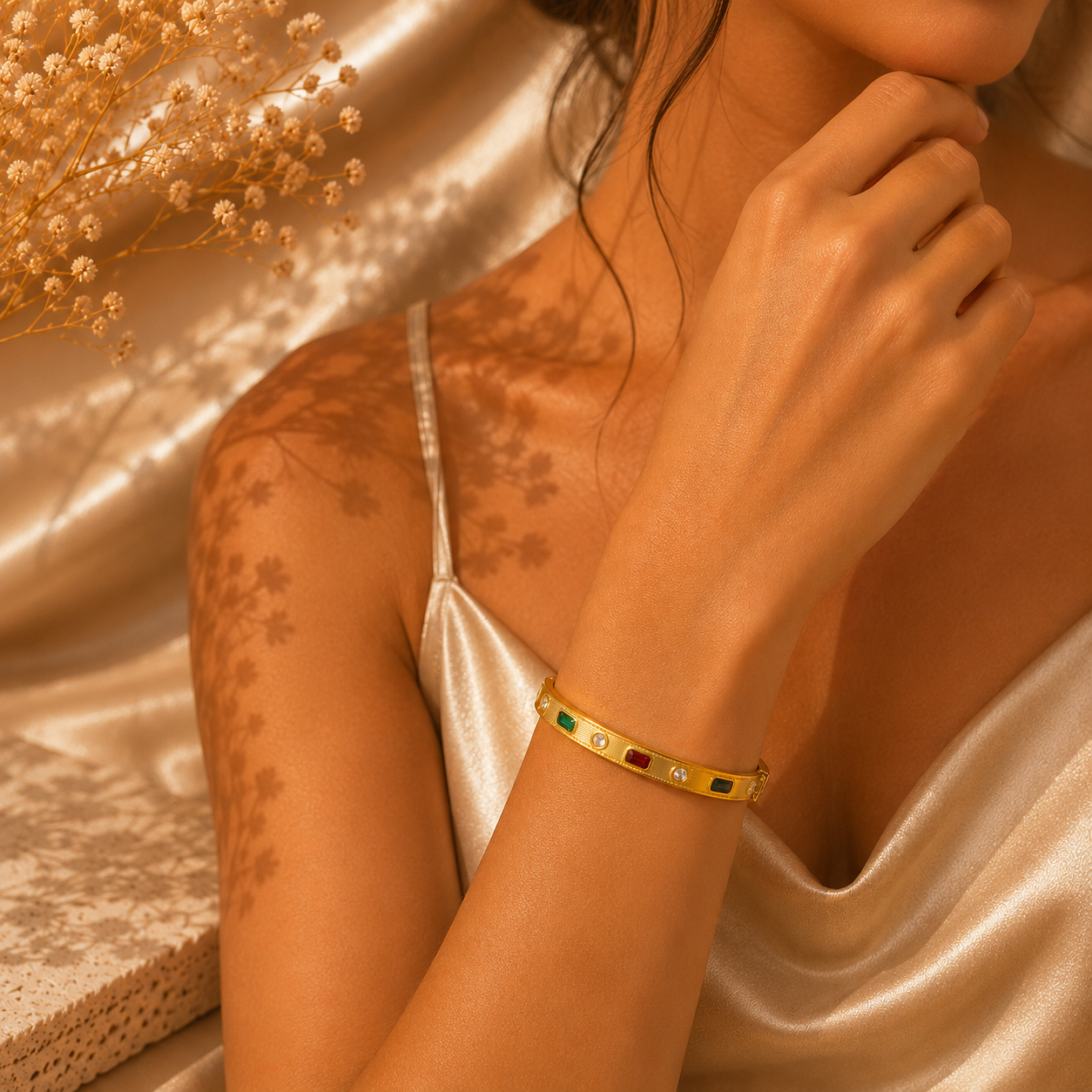 Luxe Heritage Crystal Bangle, 18K Gold Plated Steel