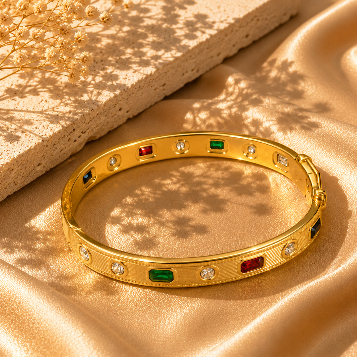 Luxe Heritage Crystal Bangle, 18K Gold Plated Steel