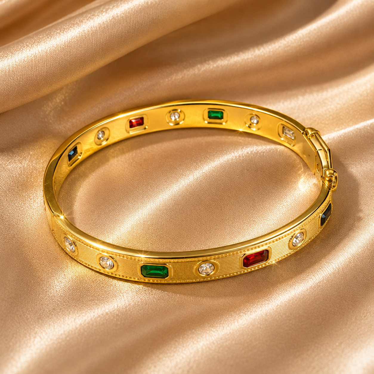 Luxe Heritage Crystal Bangle, 18K Gold Plated Steel