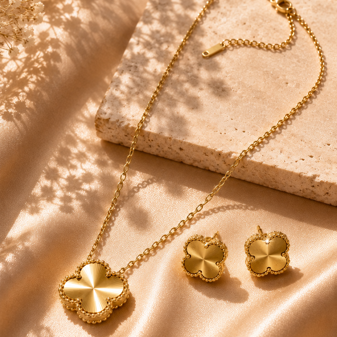 Minimalist Clover Necklace Set, 18K Gold Plated Steel